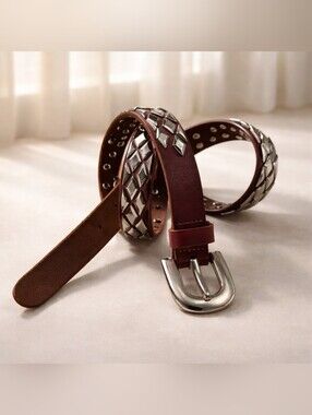 John Lewis Brown Leather Belt with Silver Buckle and Diamond  Studs